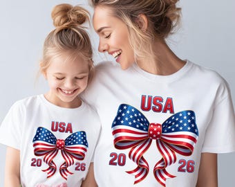 USA Mom Daughter T-Shirts, World Cup 2026 Soccer Fan Apparel, American Flag Bow