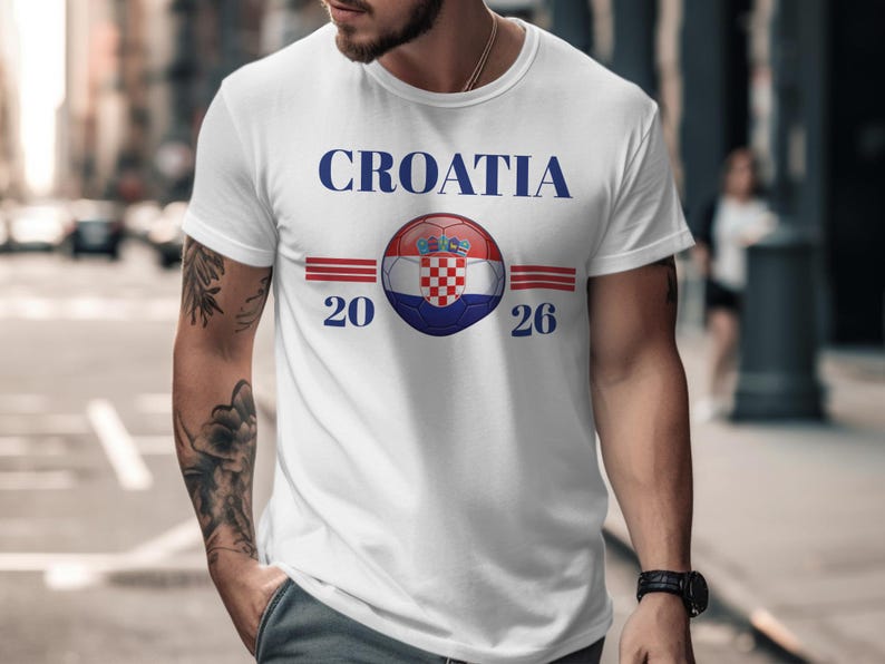 White t-shirt with Croatia flag soccer ball and "CROATIA 20 26" text.