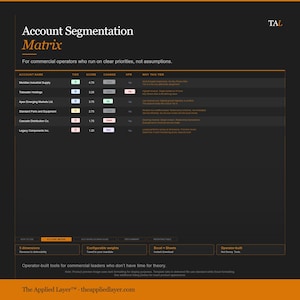 May include: A dark gray and orange business document titled "Account Segmentation Matrix." The document includes a table with account names, tiers, scores, and other data. Text at the bottom reads "Operator-built tools for commercial leaders who don't have time for theory."