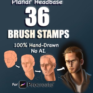 Könnte beinhalten: Werbung für Procreate-Pinselstempel. Das Bild zeigt den Text "Planar Headbase", "36 Brush Stamps" und "100% Hand-Drawn No AI". Es enthält auch Illustrationen eines Kopfes und ein Porträt eines Mannes.