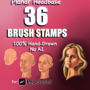 Könnte beinhalten: Werbung für Procreate-Pinselstempel. Das Bild zeigt den Text "Planar Headbase 36 Brush Stamps 100% Hand-Drawn No AI." und Illustrationen von Kopfprofilen sowie ein Frauenporträt, vor rosa Hintergrund.