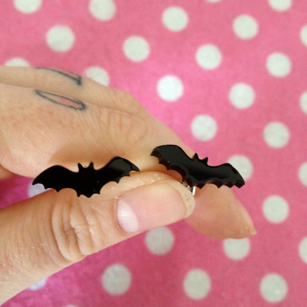 Cute Tiny Black Acrylic Vampire Bat Post Stud Earrings