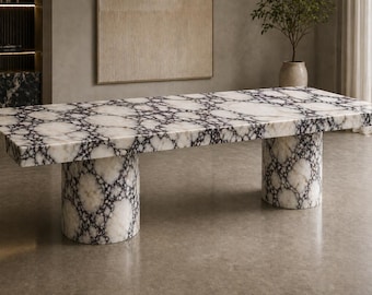 Mesa de comedor personalizada de mármol Calacatta Viola: una pieza de piedra artesanal que marca la diferencia.