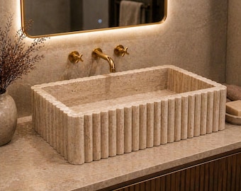 Fluted Travertine Stone Sink – Handmade Natural Bathroom Washbasin – Custom Vanity
