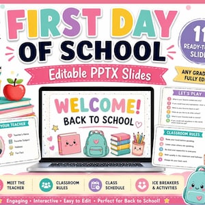 Peut inclure: Une ressource éducative numérique intitulée FIRST DAY OF SCHOOL comprenant 11 diapositives PPTX modifiables. L'écran affiche un graphique de bienvenue, entouré d'icônes de livres, d'un sac à dos, de crayons et de modèles de règles de classe.