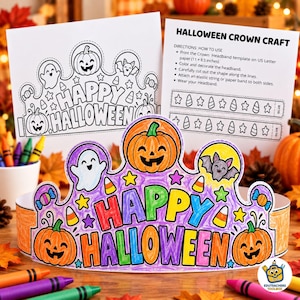 May include: A paper Halloween crown craft template and a finished, colored-in version featuring pumpkins, a ghost, a bat, and candy icons. The text reads Happy Halloween. The instruction sheet specifies printing on 11 x 8.5 inches US Letter paper.