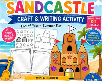 Pode incluir: Um kit de atividades de artesanato e escrita educacional colorido intitulado "Construa um Castelo de Areia". A imagem apresenta um castelo de areia de desenho animado, modelos de artesanato, papéis de escrita, decorações e bandeiras. O kit é projetado para as séries K-2.