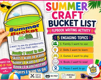 Pode incluir: Uma lista de baldes de artesanato de verão colorida com o texto "Summer Craft Bucket List" e "Flipbook Writing Activity". A lista inclui tópicos como família, habilidades, jogos, livros e lugares. Uma mão segura o balde.