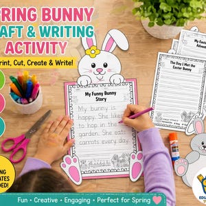 Peut inclure: Un ensemble d'activités Spring Bunny Craft & Writing avec des modèles d'écriture. L'image montre un enfant écrivant sur un papier bordé de rose avec une découpe de lapin. L'ensemble comprend des ciseaux, des marqueurs et de la colle.