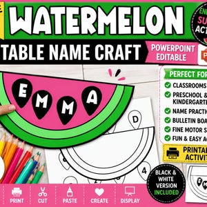 Peut inclure: Un artisanat de nom modifiable sur le thème de la pastèque avec le nom "EMMA". Idéal pour les salles de classe et les écoles maternelles. Comprend une version noir et blanc. L'image montre également des crayons de couleur.