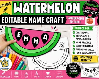 Pode incluir: Um artesanato de nome editável com tema de melancia com o nome "EMMA". Ideal para salas de aula e pré-escolas. Inclui uma versão em preto e branco. A imagem também mostra lápis de cor.