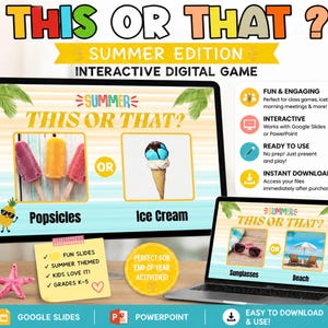 Peut inclure: Un jeu numérique interactif intitulé « THIS OR THAT ? ÉDITION ÉTÉ » affiché sur un écran et un ordinateur portable. Le jeu présente des choix sur le thème de l'été comme des glaces ou des crèmes glacées, et des lunettes de soleil ou la plage.