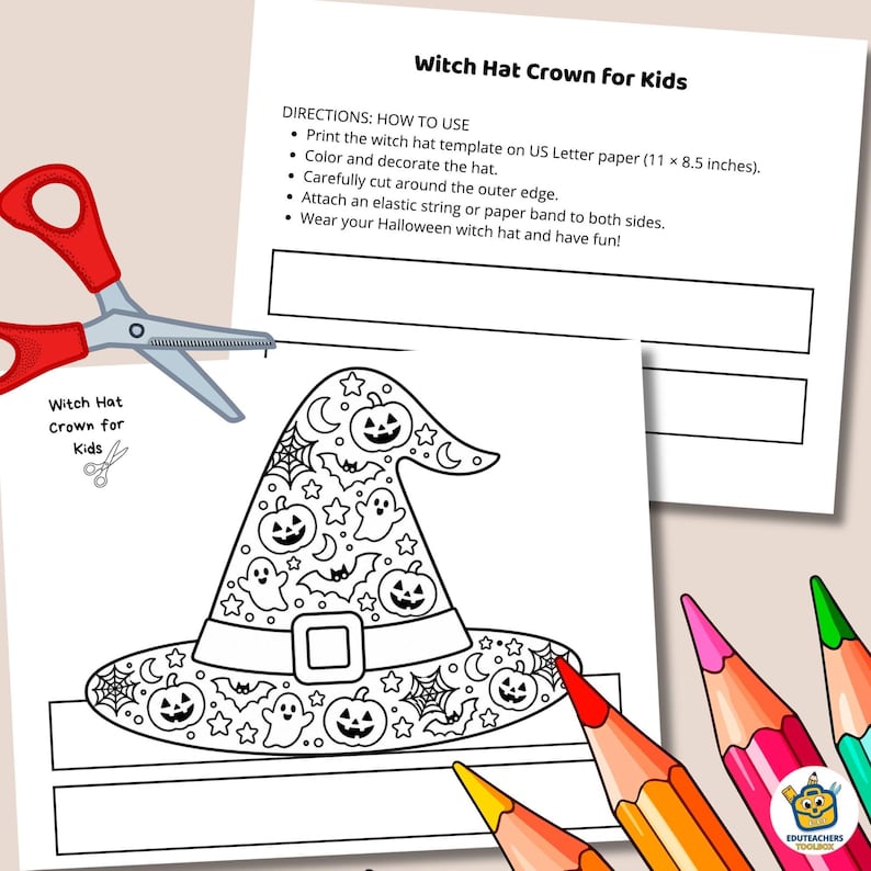 Witch Hat Printable Craft for Kids, Halloween Coloring Activity, Paper ...