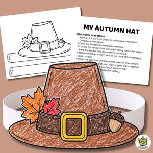 Peut inclure: Un kit de bricolage imprimable intitulé MY AUTUMN HAT comprenant des instructions et un modèle pour un chapeau en papier. Le chapeau assemblé est coloré en marron avec une feuille orange, une feuille rouge, une boucle jaune et un gland.