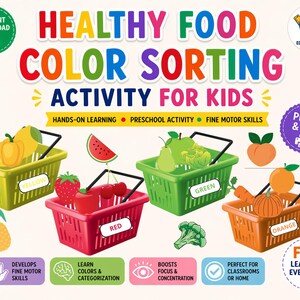 Peut inclure: Une affiche éducative colorée intitulée "Healthy Food Color Sorting Activity for Kids". Elle présente quatre paniers étiquetés jaune, rouge, vert et orange, chacun rempli de fruits et légumes correspondants. L'affiche promeut l'apprentissage pratique et la motricité fine.