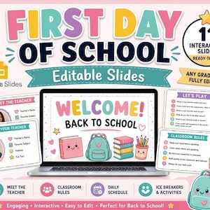 May include: A digital set of 11 interactive Google Slides for the first day of school. The display features a laptop showing a welcome screen with a backpack and books, surrounded by slide previews including meet the teacher and classroom rules.