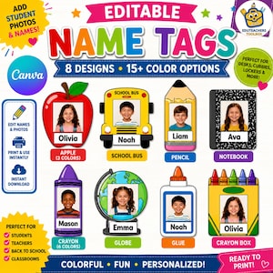 Peut inclure: Étiquettes de nom modifiables présentant huit designs sur le thème de l'école, notamment une pomme, un bus scolaire, un crayon, un cahier, un crayon de couleur, un globe, un flacon de colle et une boîte de crayons. Chaque étiquette affiche une photo.