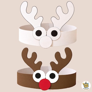Puede incluir: Dos diademas de papel con diseños de reno. Una diadema es blanca con astas blancas, ojos blancos con pupilas negras y una nariz blanca. La otra es marrón con astas marrones, ojos blancos con pupilas negras y una nariz roja brillante.