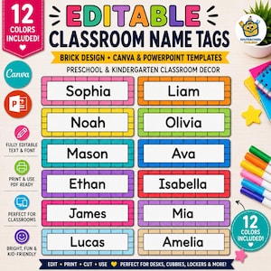 Puede incluir: Un conjunto de plantillas digitales de 12 etiquetas de nombre para el aula editables con un borde de patrón de ladrillo en varios colores. El texto dice Editable Classroom Name Tags, Brick Design, Canva & PowerPoint Templates.