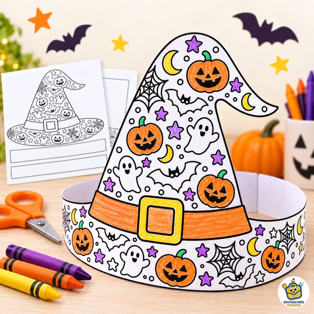Witch Hat Printable Craft for Kids, Halloween Coloring Activity, Paper ...