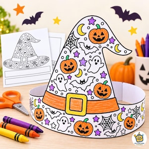 Könnte beinhalten: Ein Hexenhut-Bastelprojekt aus Papier mit weißem Hintergrund und farbigen Illustrationen von orangefarbenen Kürbissen, lila Sternen, gelben Mondsicheln, schwarzen Spinnennetzen, Fledermäusen und weißen Geistern sowie einem orangefarbenen Band.