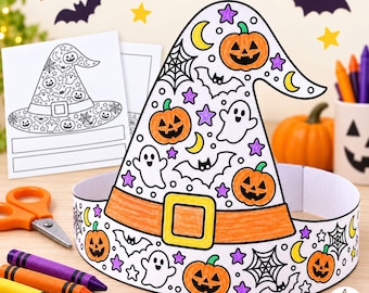 Manualidad imprimible de sombrero de bruja para niños, actividad para colorear de Halloween, corona de papel, recorta y usa (PDF)