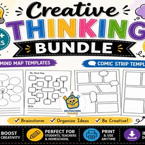 Peut inclure: Graphique coloré pour un pack de pensée créative. Le titre "Creative THINKING BUNDLE" est affiché en grandes lettres multicolores. Comprend des modèles de cartes mentales et de bandes dessinées, avec le texte "60+ PAGES" et "Printable PDF Files".