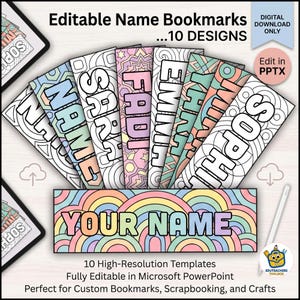 May include: A collection of ten editable name bookmarks featuring various black and white line art patterns and colourful designs. The text includes Editable Name Bookmarks, 10 Designs, Digital Download Only, Edit in PPTX, Your Name, and 10 High-Resolution Templates.