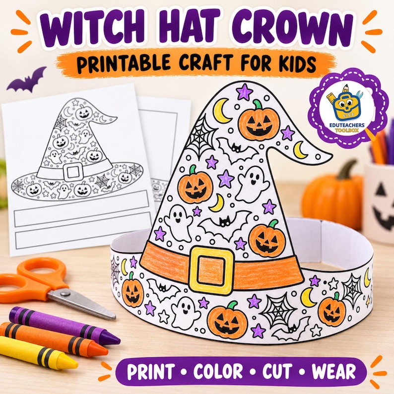 Witch Hat Printable Craft for Kids, Halloween Coloring Activity, Paper ...