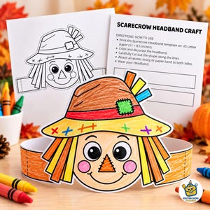 May include: A scarecrow headband craft kit featuring a colored paper headband with a scarecrow face, a black and white template, and an instruction sheet titled SCARECROW HEADBAND CRAFT with directions for printing on 11 x 8.5 inches paper.