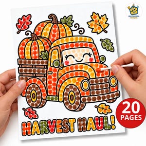 May include: A dot marker activity sheet featuring a cartoon truck carrying pumpkins, surrounded by autumn leaves. The text reads HARVEST HAUL! and includes a 20 PAGES badge. The design uses orange, brown, red, and green circular dots for colouring.