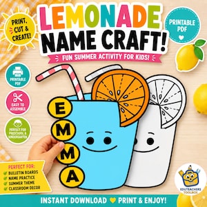 Peut inclure: Un artisanat PDF imprimable avec une tasse de limonade bleue avec le nom "EMMA" et un visage souriant. L'image comprend une paille, une tranche d'orange et le texte "LEMONADE NAME CRAFT!" et "FUN SUMMER ACTIVITY FOR KIDS!"