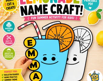 Pode incluir: Um artesanato em PDF imprimível com uma caneca de limonada azul com o nome "EMMA" e um rosto sorridente. A imagem inclui um canudo, uma fatia de laranja e o texto "LEMONADE NAME CRAFT!" e "FUN SUMMER ACTIVITY FOR KIDS!"