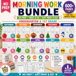 Peut inclure: Un ensemble de ressources éducatives numériques intitulé Morning Work Bundle pour la maternelle et le CP, comprenant plus de 600 pages de feuilles d'exercices imprimables organisées par mois de septembre à juin, avec des icônes pour les maths.
