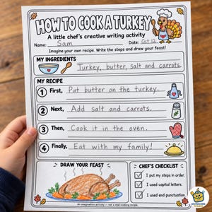 May include: A white worksheet titled How to Cook a Turkey with a cartoon turkey chef illustration. The form includes fields for name Sam and date Oct 12, sections for ingredients, a four-step recipe, a drawing area with a turkey, and a checklist.