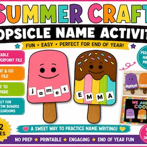 Peut inclure: Une activité artisanale estivale colorée avec des étiquettes nominatives en forme de sucettes glacées. La conception comprend des sucettes glacées roses et marron avec des noms, et le texte "SUMMER CRAFT POPSICLE NAME ACTIVITY" est affiché en haut. Le texte "FUN EASY PERFECT FOR END OF YEAR!" est également inclus.
