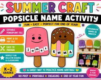 Pode incluir: Uma atividade artesanal de verão colorida com etiquetas de nomes em forma de picolé. O design inclui picolés rosa e marrons com nomes, e o texto "SUMMER CRAFT POPSICLE NAME ACTIVITY" é exibido no topo. O texto "FUN EASY PERFECT FOR END OF YEAR!" também está incluído.