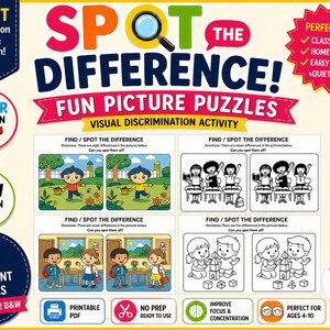 Spot the Difference Printable|Visual Discrimination Activity|Kids Puzzle Worksheets | Preschool & Kindergarten |No Prep PDF | Classroom Game