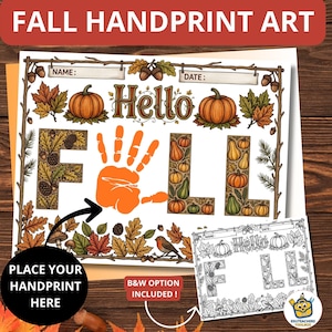 Può includere: Un foglio di attività artistica stampabile a tema autunnale con il testo Hello Fall e un'impronta di mano arancione al centro. Il design include illustrazioni di zucche, ghiande e foglie autunnali. È inclusa anche una versione in bianco e nero.