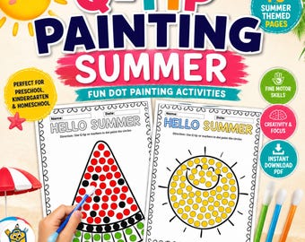 Pode incluir: Um conjunto de atividades com tema de verão com o texto "Q-TIP PAINTING SUMMER". O conjunto inclui páginas de pintura de pontos com desenhos de melancia e sol, cotonetes e óculos de sol. Projetado para pré-escola, jardim de infância e ensino doméstico.