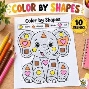 May include: A Color by Shapes activity sheet featuring a gray elephant outline filled with yellow circles, orange triangles, brown squares, and pink hearts. The top text reads Color by Shapes with a legend mapping shapes to colors and a 10 Designs badge.