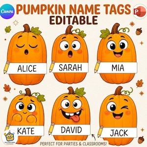 Può includere: Sei illustrazioni di zucche arancioni con facce da cartone animato e piccioli verdi, ognuna con un'etichetta bianca rettangolare con i nomi Alice, Sarah, Mia, Kate, David o Jack. Un'icona di matita gialla è disegnata sul lato di ogni zucca.