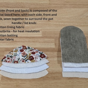 May include: A set of fabric layers for a pot handle cover, including a floral print outer fabric, cotton batting, Insul-Bright heat insulation, and cotton lining. Text explains the construction of the front and back sides for heat protection.