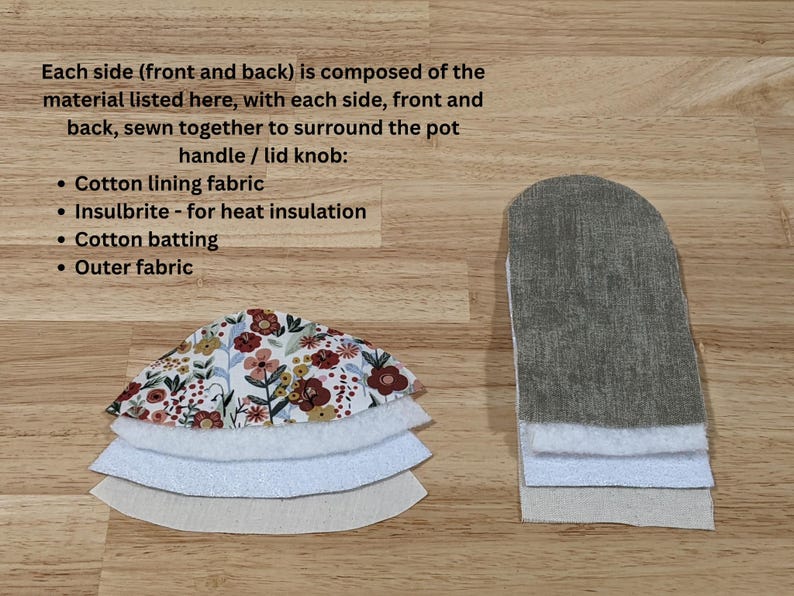 May include: A set of fabric layers for a pot handle cover, including a floral print outer fabric, cotton batting, Insul-Bright heat insulation, and cotton lining. Text explains the construction of the front and back sides for heat protection.