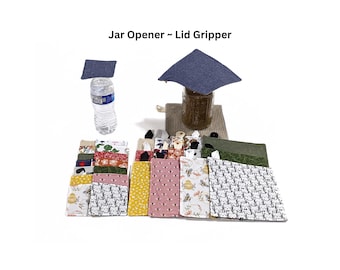 May include: A collection of square fabric jar openers and lid grippers in various patterns including cats, bees, and floral designs. The text Jar Opener ~ Lid Gripper is displayed above. One blue gripper is on a water bottle and one on a glass jar.