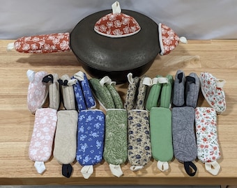Handmade Quilted Cast Iron Skillet Handle Covers & Lid Knob Covers, Heat Resistant Pot Sleeve, Kitchen Protection