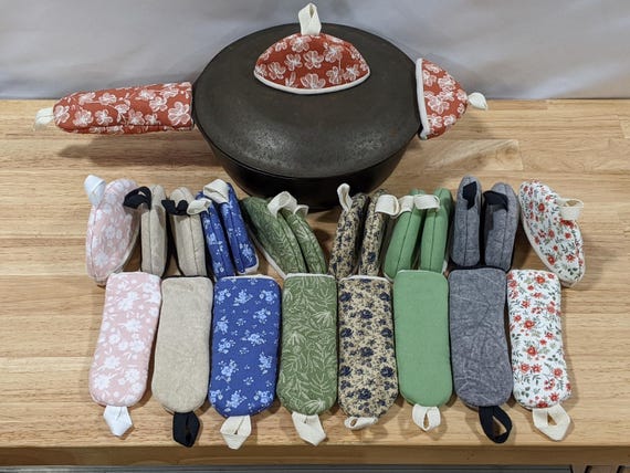 Handmade Quilted Cast Iron Skillet Handle Covers & Lid Knob Covers, Heat Resistant Pot Sleeve, Kitchen Protection