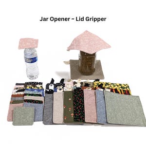 May include: A collection of square fabric jar openers and lid grippers in various colors and patterns, including floral, mushroom, and solid prints. The text Jar Opener ~ Lid Gripper is displayed above a water bottle and a glass jar with grippers.
