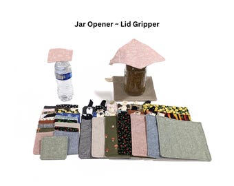 May include: A collection of square fabric jar openers and lid grippers in various colors and patterns, including floral, mushroom, and solid prints. The text Jar Opener ~ Lid Gripper is displayed above a water bottle and a glass jar with grippers.