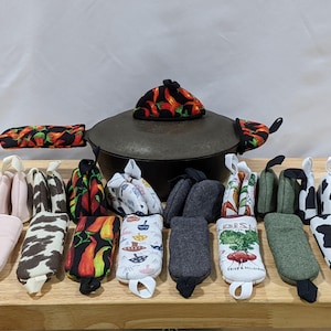 Fundas acolchadas hechas a mano para mangos de sartenes de hierro fundido y pomos de tapa, funda resistente al calor para ollas, protección para la cocina.